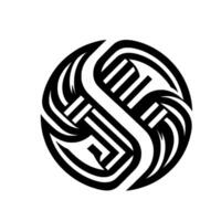 Intricate black and white geometric design, composed of swirling lines and intersecting shapes, arranged within a circular form, creating a mesmerizing visual pattern. vector