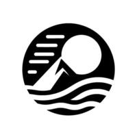 Black and white minimalist circular emblem. Depicting a mountain range, sun, stylized waves, and wind streaks, all contained within a negative space. vector