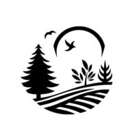 Stylized Black and White Nature Scene Circle Composition Featuring Trees, Birds, and a Field under an Arc. vector
