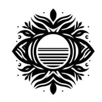 Intricate black and white floral eye with geometric center containing horizontal stripes, encircled by stylized leaves and dots on a white background. vector