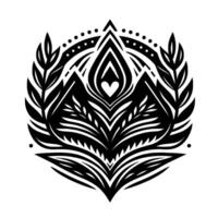 Intricate Black and White Mandala HeartCentered Geometric with Foliage and Circular Composition, Symbolizing Harmony and Nature vector