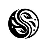 A balanced circular featuring black and white organic shapes with stylized leaf elements, resembling a Yin Yang symbol with modern flair and intricate details. vector