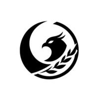 A stylized black and white featuring a majestic eagles head within a crescent moon shape, entwined with olive branch, symbolizing strength and peace. vector