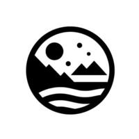 Black and White Geometric Circular Featuring Mountains, Waves, Moon, and Stars, Evoking a Sense of Wilderness and the Night Sky. vector