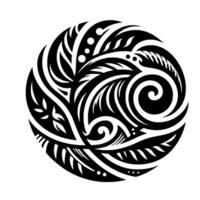 Intricate black and white circular Polynesianinspired design, composed of stylized leaf, swirl, and dot elements. vector