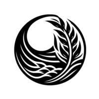 Black and white circular abstract featuring a stylized wheat stalk, waves, and swirling patterns, minimalist, modern, organic. vector