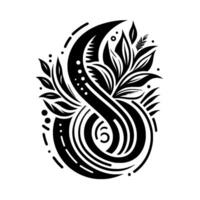Abstract Black White Botanical Ampersand Intricate with Leaves, Swirls, and Floral Elements on White Background. vector