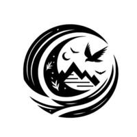 Symbolic black and white emblem a moonlit mountain scene, birds in flight, and floral accents within a circular frame. vector