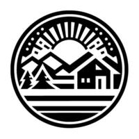 A minimalist black and white circular illustration of a mountain scene with a cabin, rising sun, and trees, conveying tranquility. vector