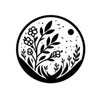 A circular, stylized illustration featuring a black and white botanical scene flowers, leaves, and the sun in a serene composition. vector