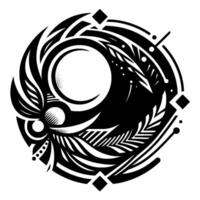 An abstract, circular black and white featuring stylized natural elements like leaves and orbs, framed within a geometric composition, creating a visually intricate artwork. vector