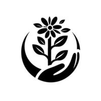 Black and white minimalist of a stylized flower, representing growth, life, and care, nestled within a protective cupped hand and a circular frame, conveying a sense of nurturing and environmenta vector