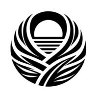 Abstract black and white circular featuring a stylized sun setting behind horizon lines, framed by curved, leaflike shapes, evoking a sense of tranquility. vector