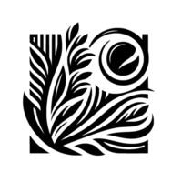 An elegant black and white geometric featuring stylized plant elements with a central circular motif framed within a square. vector