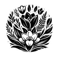 Elegant Black and White Floral Mandala A symmetrical featuring stylized blossoms, leaves, and foliage, arranged in a circular pattern against a clean white background. vector