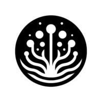 Stylized Black White Floral Emblem Circular Composition Featuring Organic Forms, Dots, and Linear Elements, Evoking Symmetry. vector