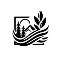 A stylized monochrome nature scene depicting a square frame enclosing mountains, trees, and the sun, interwoven with flowing lines and a plant element, against a white backdrop. vector