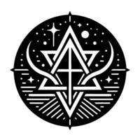 Intricate black and white celestial design, combining a starshaped pentagram, a celestial compass, crescent moon, and starfield background within a circular frame. vector