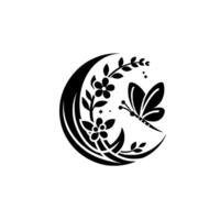 Elegant black and white illustration of a crescent moon framing a stylized dragonfly and floral arrangement, creating a harmonious nature motif. vector