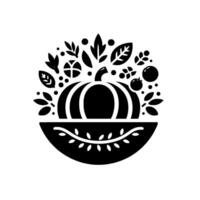 Stylized Black and White Thanksgiving Illustration Pumpkin surrounded by leaves, fruit and floral elements, arranged in a symmetrical, circular design. vector