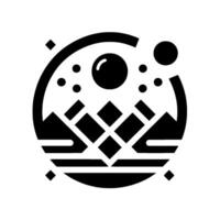Abstract Black and White Minimalist Symbol Depicting Mountains, Planets, and Geometric within a Circular Frame. vector