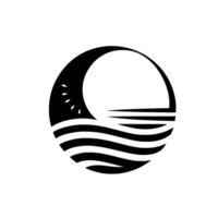 Stylized minimalist black and white illustration of the ocean, featuring waves, a sun or moon and a horizon within a circular frame. vector