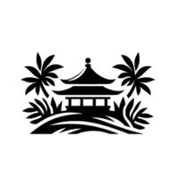 Monochrome Japanese pagoda silhouette, flanked by palm trees and foliage, set against a white background for a minimalist, tropical feel. vector