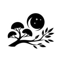 Black and white stylized illustration featuring a tree with round canopies, a crescent moon with stars, and leafy branches, evoking a peaceful night scene. vector