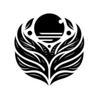 An abstract, symmetrical emblem featuring a stylized sun with linear details, surrounded by ornate, featherlike forms in black on a white background. vector