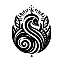 Intricate Black and White Ornithological Depicting a Stylized Swan or Bird within an Oval Frame, Evoking Elegance. vector