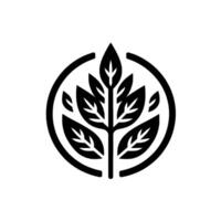 A minimalist black and white depicting a stylized tree with leaves enclosed within a circular frame, set against a clean white background. vector