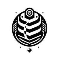 A geometric, black and white abstract design, featuring a stylized central form, with a targetlike element and wheatlike accents within a circular frame, on a white background. vector