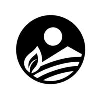 Minimalist black and white circular logo leaf, mountain, sunmoon, and stylized landscape elements in a vector