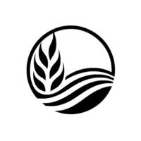 Monochrome circular featuring stylized wheat and curved lines, suggesting fields or water, representing growth and sustainability. vector