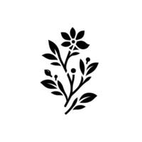 Elegant Black Floral Silhouette on White, Featuring a Detailed Flower, Leaves, and Buds, Creating a Modern Botanical Composition. vector
