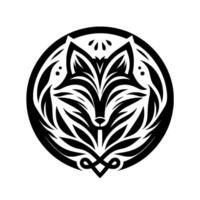 Intricate, symmetrical black and white illustration of a stylized fox head within a circular frame, featuring leaflike patterns and decorative elements. vector