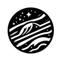 Circular Abstract Illustration A black and white featuring stylized mountain peaks, flowing lines, stars, and dots against a stark white backdrop. vector