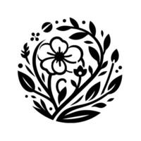 A minimalist black and white floral emblem, intricately designed with leaves, petals, and botanical elements, set within a circular composition against a clean white backdrop. vector