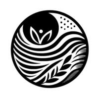 Abstract black and white circular symbolizing natures balance, featuring floral and water elements. vector
