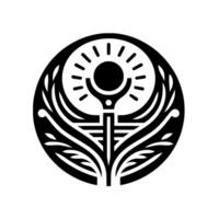 A stylized, minimalist black and white emblem. A sunlike circle radiating rays at the top, held above a central vertical pillar with leafy elements around a circular frame. vector