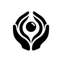 Minimalist Black and White Logo Cupped Hands Enclosing a Sphere, Symbolizing Protection and Nurturing on White Background. vector