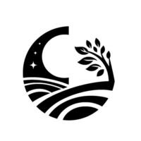 Symbolic monochrome illustration A stylized landscape featuring a crescent moon with stars, fields and a tree, representing growth and nature within a circular design. vector