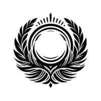 Symmetrical Black and White Emblem Featuring Laurel Wreath, Circular Design, and Pointed Top. vector