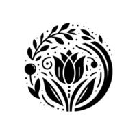 A symmetrical, minimalist floral in a circular composition, featuring a stylized tulip, leaves, berries, and dotted accents, rendered in black and white. vector