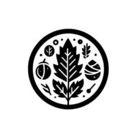 Circular black and white illustration featuring a central maple leaf, surrounded by stylized elements of nature within a bold outline. vector