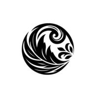 A stylized, symmetrical black and white floral within a circular frame, showcasing swirling leaves and intricate details against a clean white background. vector