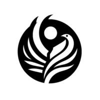 Abstract black and white featuring a stylized dove within an oval frame, incorporating a building silhouette and a sun symbol. vector