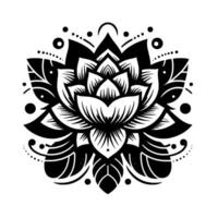 Symmetrical Black and White Lotus Mandala with Ornate Petals and Geometric Embellishments, Isolated on White. vector