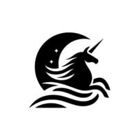 A minimalist silhouette of a majestic unicorn leaping from waves under a crescent moon, with sparkling stars, evoking a sense of magical wonder. vector