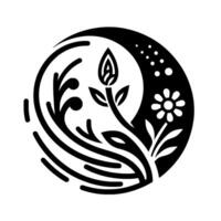 Stylized YinYang composition featuring a floral motif with a moonlit half, depicting growth, harmony, and balance through black and white contrast. vector